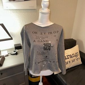 Obey Propaganda Distressed Sweatshirt in Gray. Size Medium